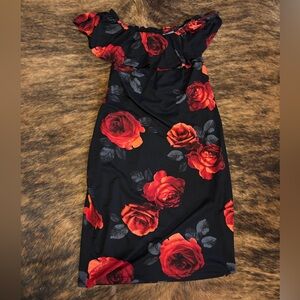 French Atmosphere Black and Red Floral Midi Dress